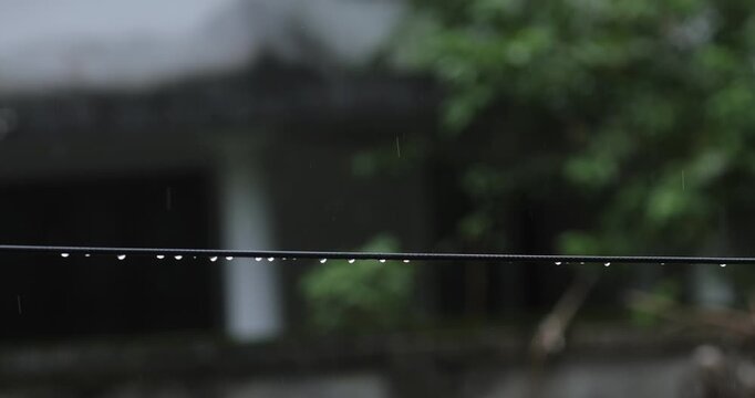 Close-up of raindrops falling on a fishing line with nature background.