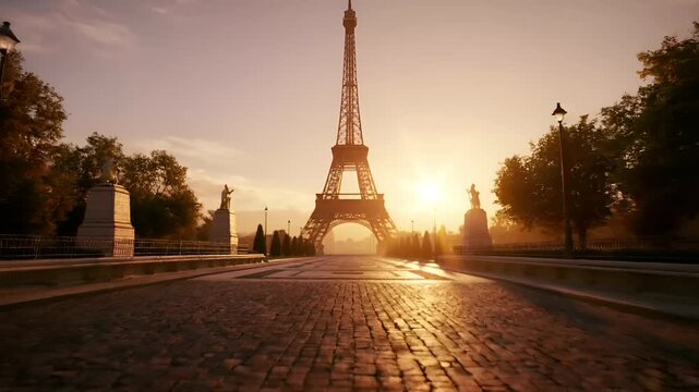 Paris, France, Europe. A vivid portrayal of the Eiffel Tower at sunset. The sky is a gradient of orange and pink hues, with the sun casting a warm glow over the scene.