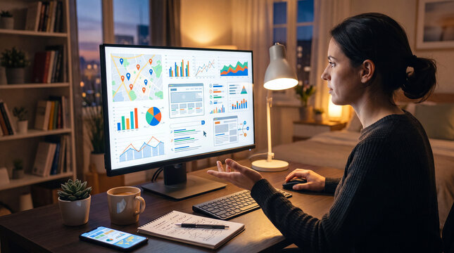 A professional marketing specialist reviewing data visualizations, keyword density charts, and geographic analytics on multiple screens while working remotely from a stylish home office.