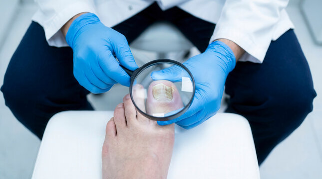 Close-up of psoriatic nail changes examined with magnifying glass, podiatry diagnosis and foot healthcare