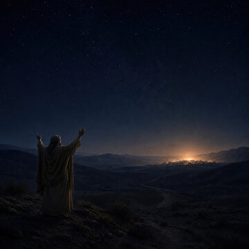 Silhouette of a person in biblical robes raising hands to a starry sky above a nighttime city on a hill
