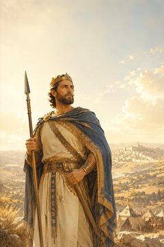 King David standing on a hill with a spear in hand, gazing into the distance at the ancient city of Jerusalem in golden evening light
