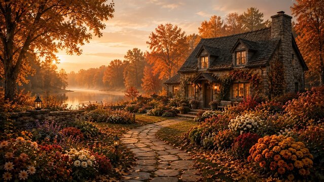 Stone cottage with an autumn garden and stone pathway near a lake in warm evening light