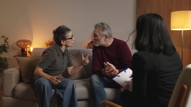 Middle-aged woman complains about her husband to counselor, therapy session