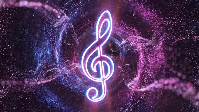 Abstract glowing treble clef symbols floating through cosmic nebula background with sparkling particles with backdrop illuminated vibrant symbols drifting smoothly