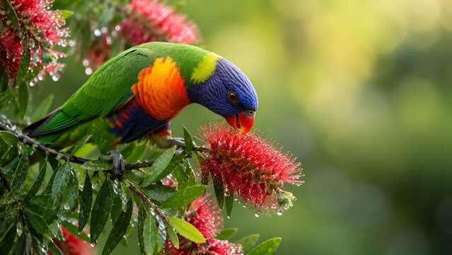 Colorful rainbow lorikeet bird eating nectar from red flowers in a garden Ai Generated