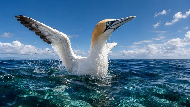Northern gannet bird taking off from the deep blue ocean water Ai Generated