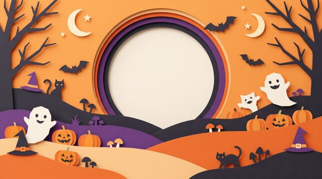 Layered paper craft Halloween background featuring spooky ghosts' pumpkins bats and witches' hats in orange tones