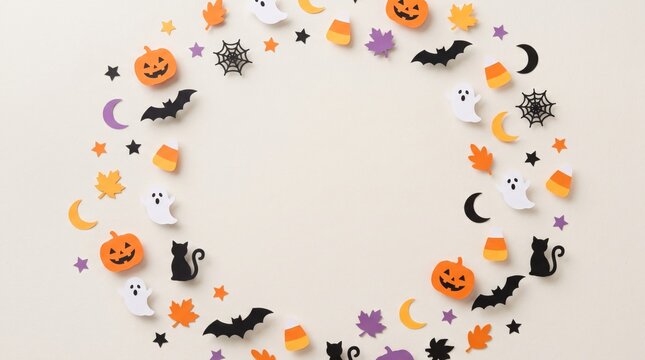 Festive Halloween paper cutout decorations arranged in circular frame on neutral beige background with cats leaves plain