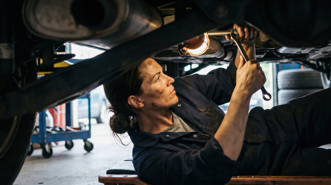 Woman Mechanic Lying Under a Car Repairing the Undercarriage