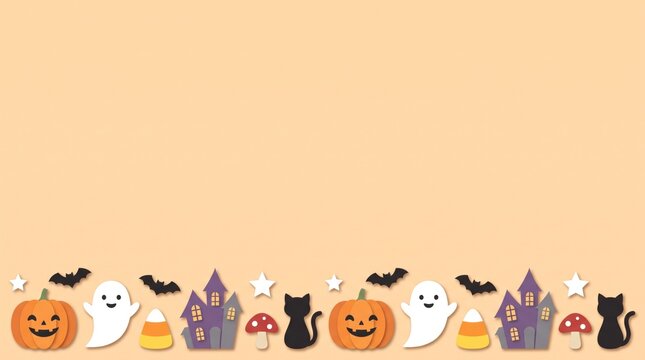 Cute Halloween decorative border featuring flat paper cutout icons on light peach background with icons arranged