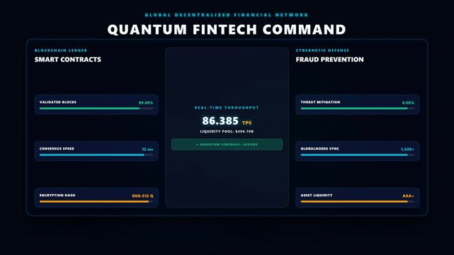 Quantum fintech command blockchain ledger cyber defense HUD interface.
