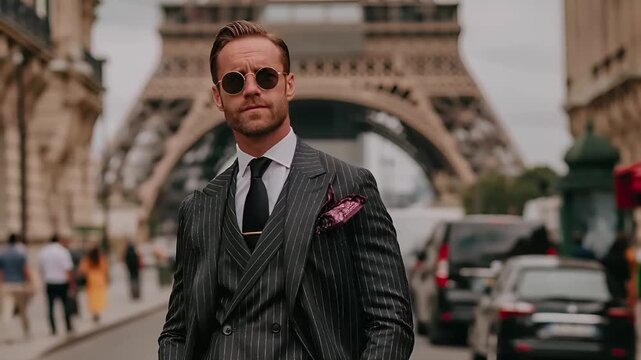 Paris, France, Europe. A portrait of a man standing in front of the Eiffel Tower in Paris, France. He wears a dark pinstripe suit, a white shirt, and a black tie.