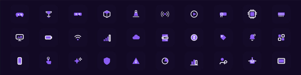 Gaming technology hybrid icon set of 30 with half filled half outlined style, gamepad trophy VR headset GPU and esports symbols vector collection for UI design © MaazJanx
