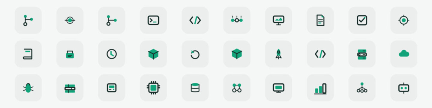 DevOps and software development hybrid icon set of 30 with half filled half outlined style, git branch terminal pipeline build test and deployment symbols vector collection