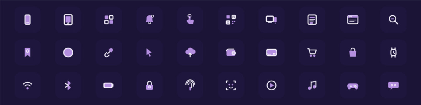Mobile apps hybrid icon set of 30 with half filled half outlined style, smartphone tablet notification touch QR and app interface symbols vector collection for UI design