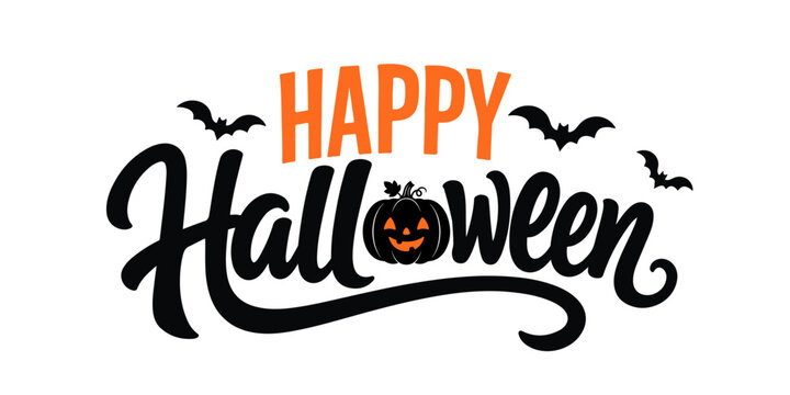 Happy Halloween Hand Lettering Typography with Jack O Lantern Pumpkin and Flying Bats Vector