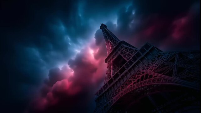 Paris, France, Europe. A dramatic digital artwork depicts the Eiffel Tower, a landmark in Paris, France. The eiffel tower stands tall against a backdrop of stormy skies.