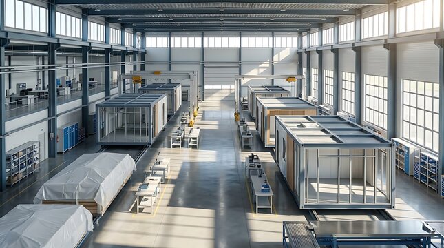 Vast industrial factory interior dedicated to the production of modular prefabricated building components, highlighting modern construction methods and streamlined assembly lines
