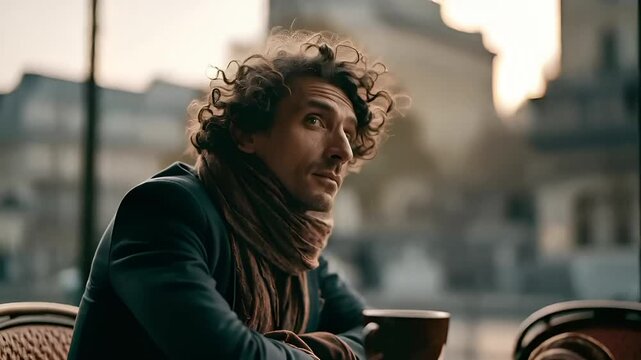 Paris, France, Europe. A man with curly hair sits at a table, holding a cup of coffee. He wears a dark green jacket and a brown scarf.