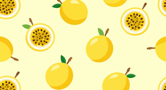 Passion fruit seamless pattern vector, tropical yellow maracuya fruit background, exotic food wallpaper with whole and sliced passionfruit