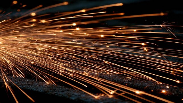 Close-up of bright orange sparks flying from grinding metal, creating a dynamic, fiery light effect against a dark background