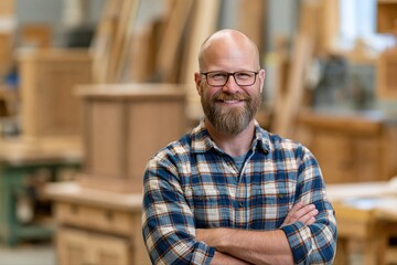 Obraz premium Smiling Bearded Craftsman with Glasses in Wood Workshop Surrounded by Furniture Pieces