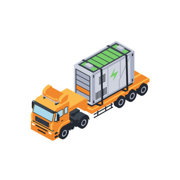 Orange truck transporting green shipping container on flatbed.