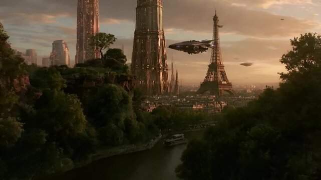 Paris, France, Europe. A vivid portrayal of a futuristic cityscape at sunset. The sky is painted in warm hues of orange, pink, and purple, with the sun casting a golden glow over the city.