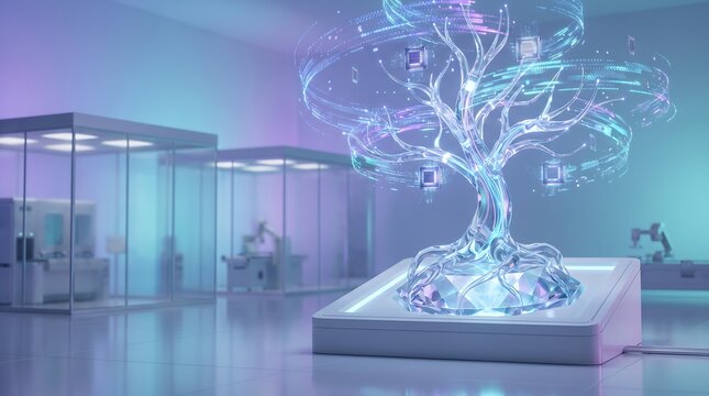 Futuristic Quantum Intelligence Tree with AI Neural Network, Quantum Computing Chips, Digital Data Flow, Artificial Intelligence Laboratory, High Tech Innovation and Smart Technology 3D Illustration