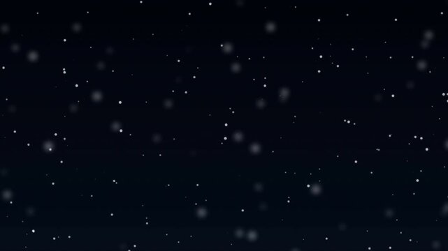Seamless loop white snowflakes falling on dark background with soft glow.