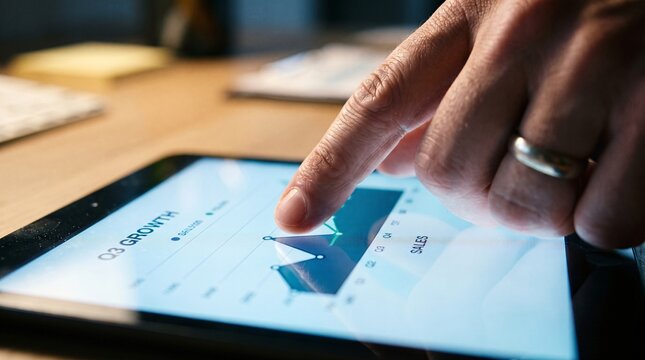 Businessman touching digital tablet screen displaying Q3 growth chart report at office desk to analyze sales performance