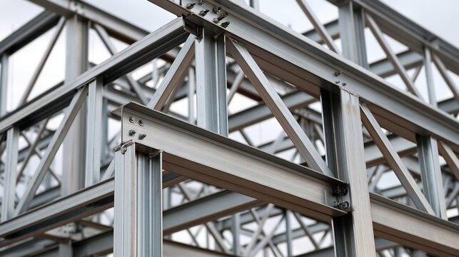 Close-up view of a modern steel building frame construction with visible beams and supports