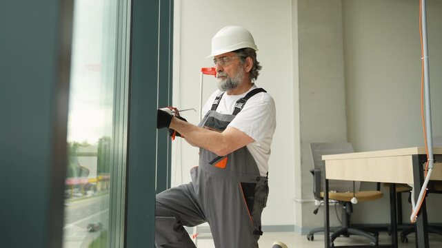 Professional construction worker applying sealant to a window frame
