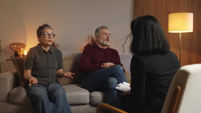 Dissatisfied mature woman complaining about her husband to marriage counselor