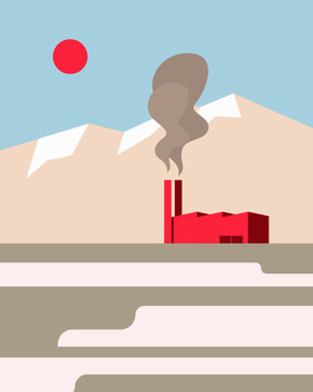 Industrial Factory with Smokestacks in a Snowy Mountain Landscape