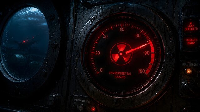 Inside a submarine during deep-sea emergency: control panel alerts 'leak detected,' 'pressure drop,' and high environmental radiation hazard.