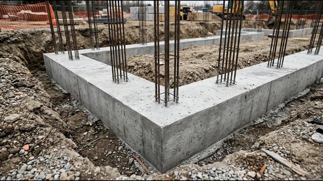 Conceptual Construction Concept of a Building Foundation Being Laid with Concrete and Rebar Showcasing the Initial Stages of Structural Development