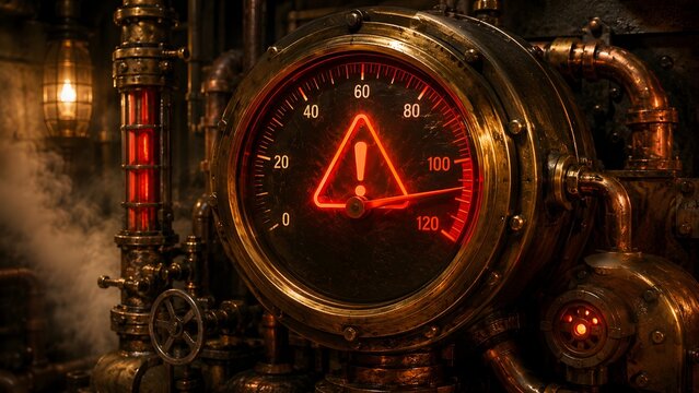 Steampunk industrial gauge displaying a critical warning sign and high-pressure reading, surrounded by intricate vintage machinery and glowing steam.