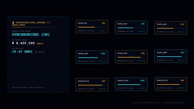 Decentralized ledger blockchain network data feed HUD interface with nodes.