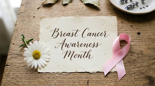 Breast Cancer Awareness Month Breast cancer awareness message on paper with daisy and pink ribbon on wooden table awareness month