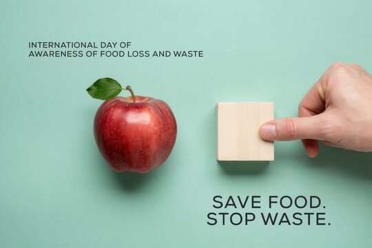 A conceptual graphic for International Day of Awareness of Food Loss and Waste showing a red apple and a stop button to save food and stop waste.