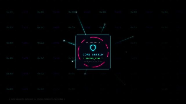 AI security core shield secure link HUD interface with hex code background.