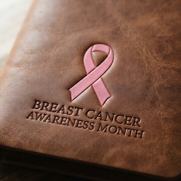 Breast Cancer Awareness Month Embossed Pink Breast Cancer Awareness Ribbon and Text on Textured Brown Leather Journal pink ribbon