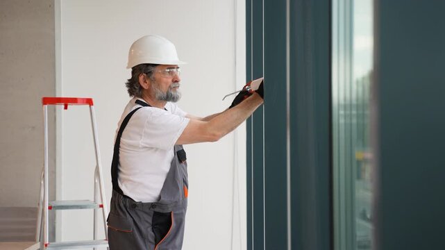 Construction worker sealing a window frame with a caulking gun
