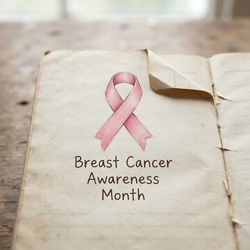 Breast Cancer Awareness Month Hand-drawn Pink Ribbon and Text on Old Open Notebook Page breast cancer awareness drawing