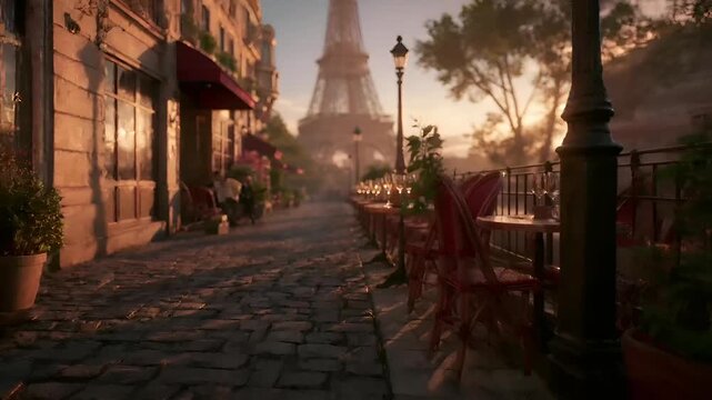 Paris, France, Europe. A vivid portrayal of a Parisian street scene at sunset, with the Eiffel Tower in the background. The setting sun casts a warm, golden hue over the scene.