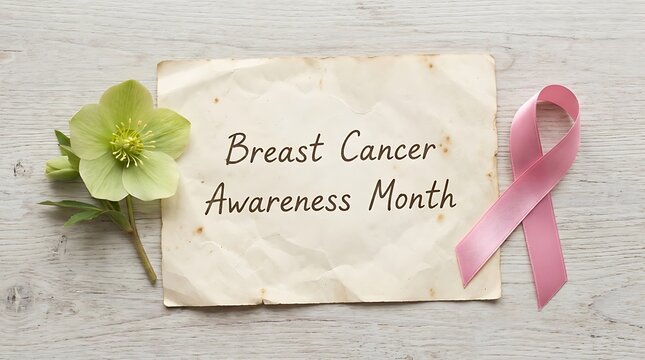 Breast Cancer Awareness Month Message on Crumpled Paper with Pink Ribbon and Green Hellebore Flower text