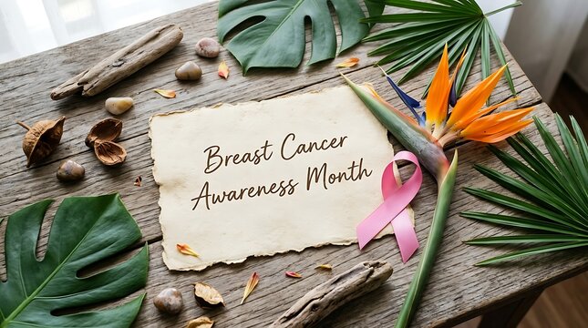 Breast Cancer Awareness Month message on parchment with pink ribbon and tropical elements tropical leaves
