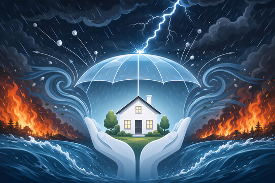 White house under a protective umbrella shield during a severe storm. Concept of home insurance against natural disaster. Housing safety from hurricane, heavy rain, wind  and flood.